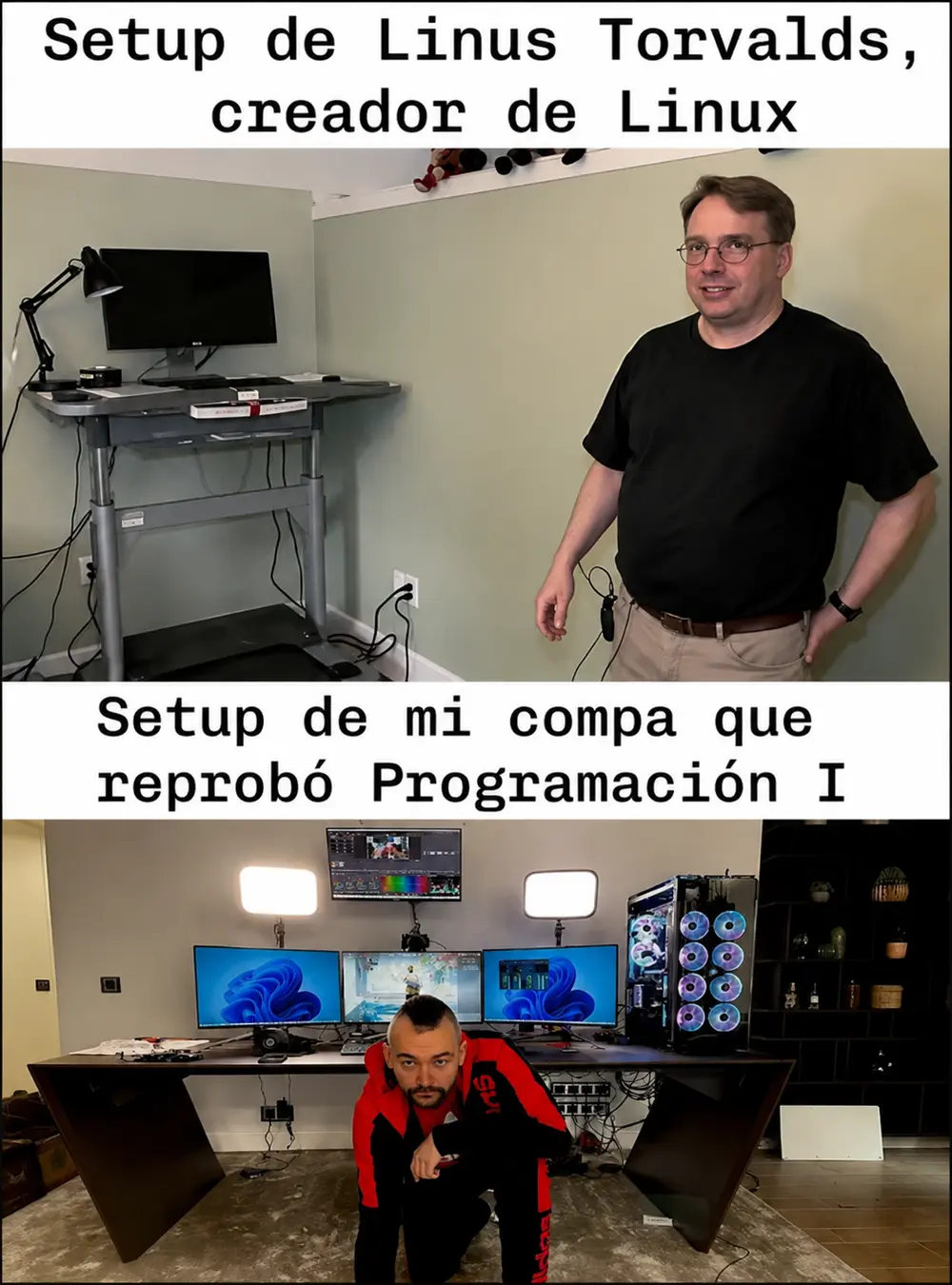 meme sobre setup de linus torvalds vs junior